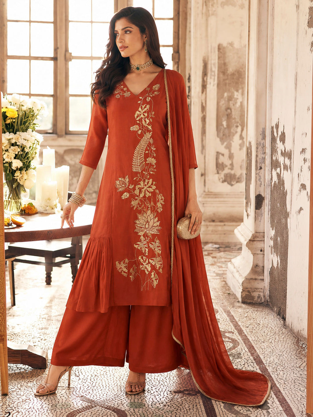 Orange Chanderi Embroidered Kurti With Palazzo &amp; Dupatta