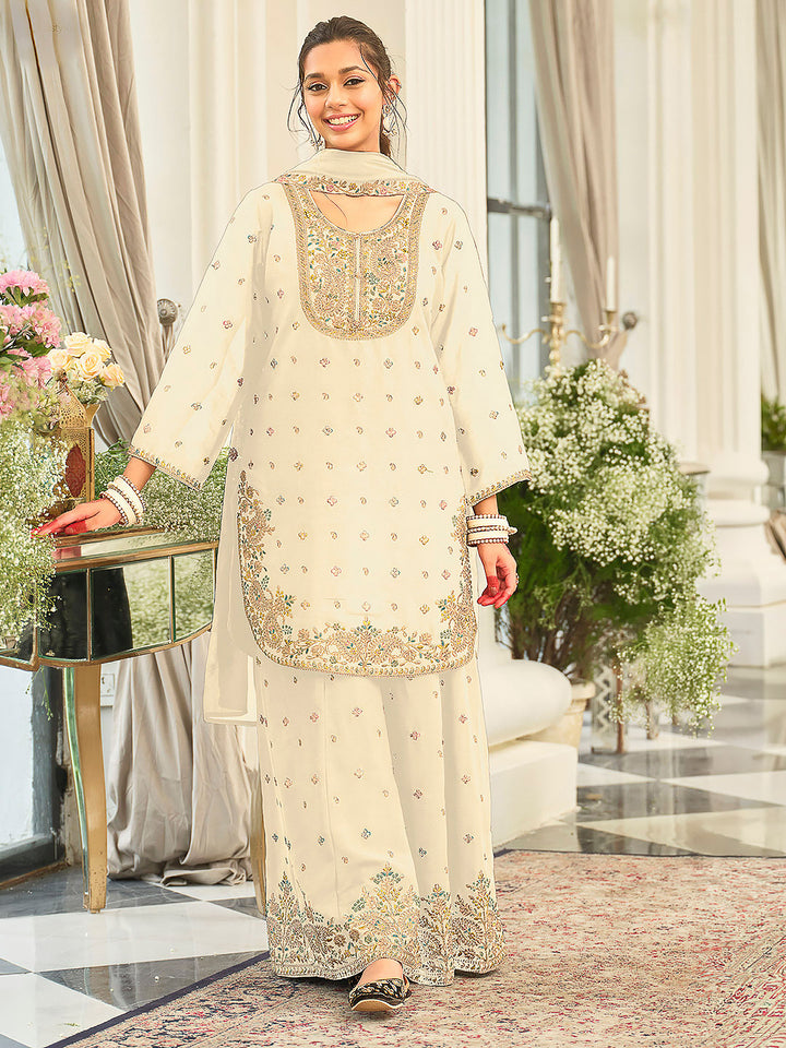 Cream Chinon Embroidered Kurti With Palazzo &amp; Dupatta