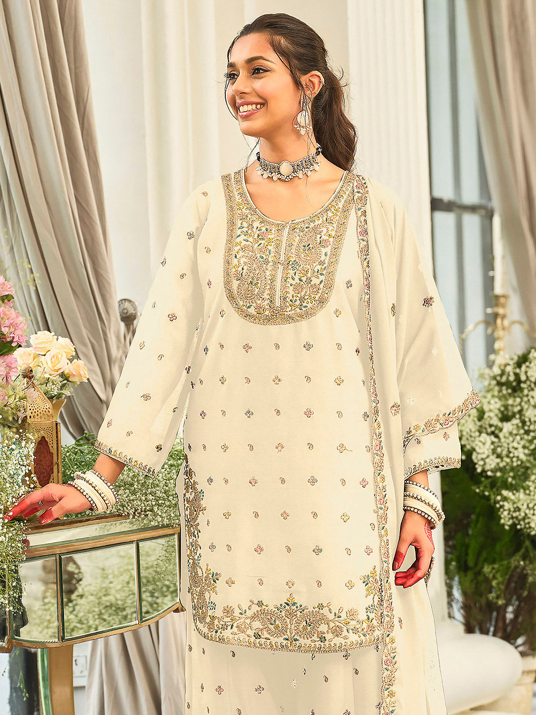 Cream Chinon Embroidered Kurti With Palazzo &amp; Dupatta