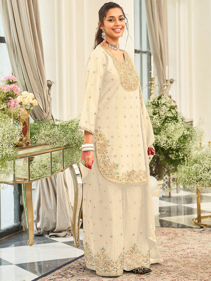 Cream Chinon Embroidered Kurti With Palazzo &amp; Dupatta