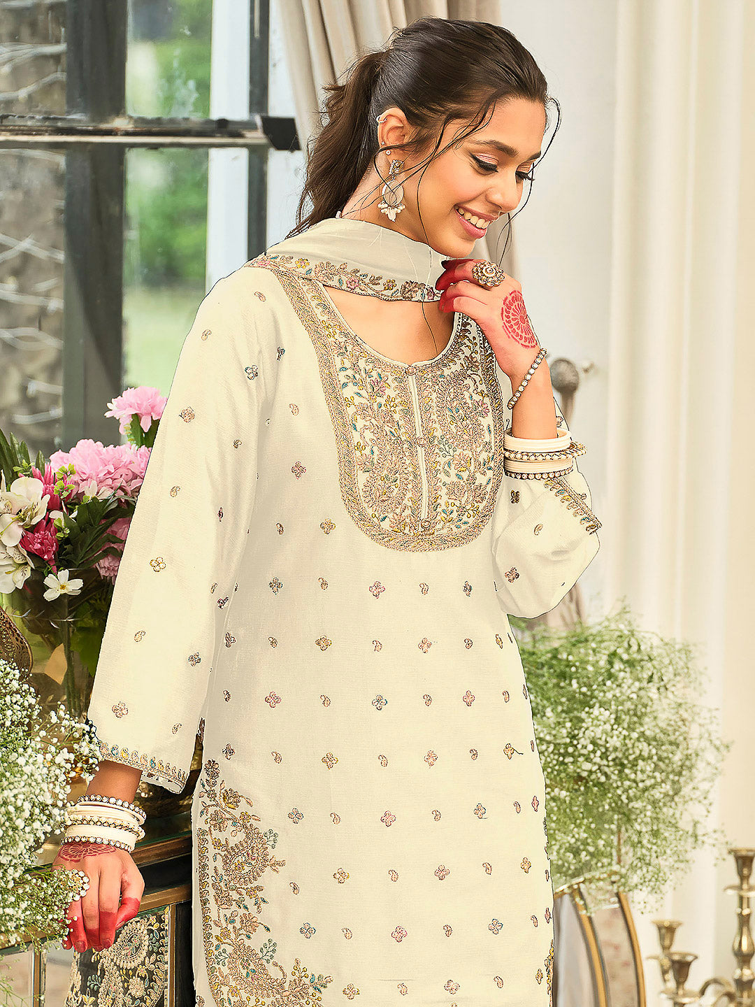 Cream Chinon Embroidered Kurti With Palazzo &amp; Dupatta