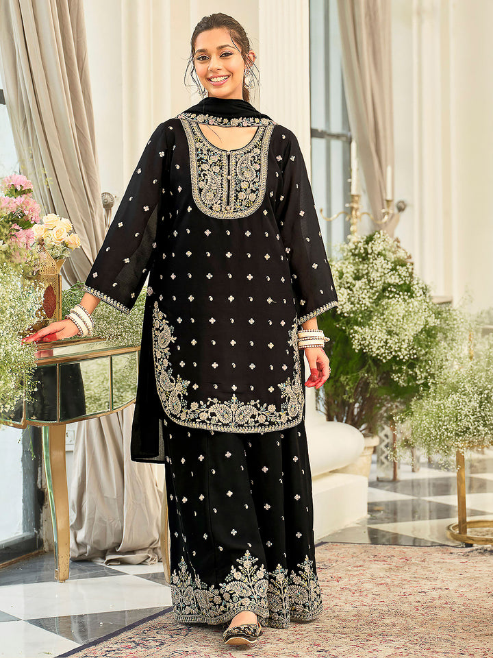 Black Chinon Embroidered Kurti With Palazzo &amp; Dupatta