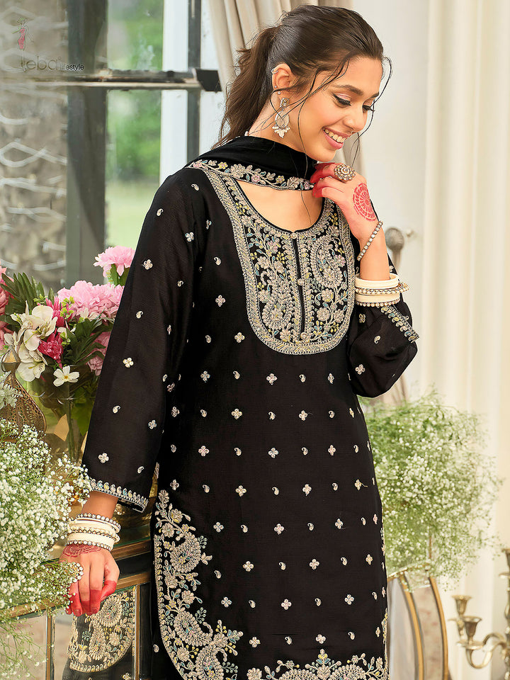 Black Chinon Embroidered Kurti With Palazzo &amp; Dupatta