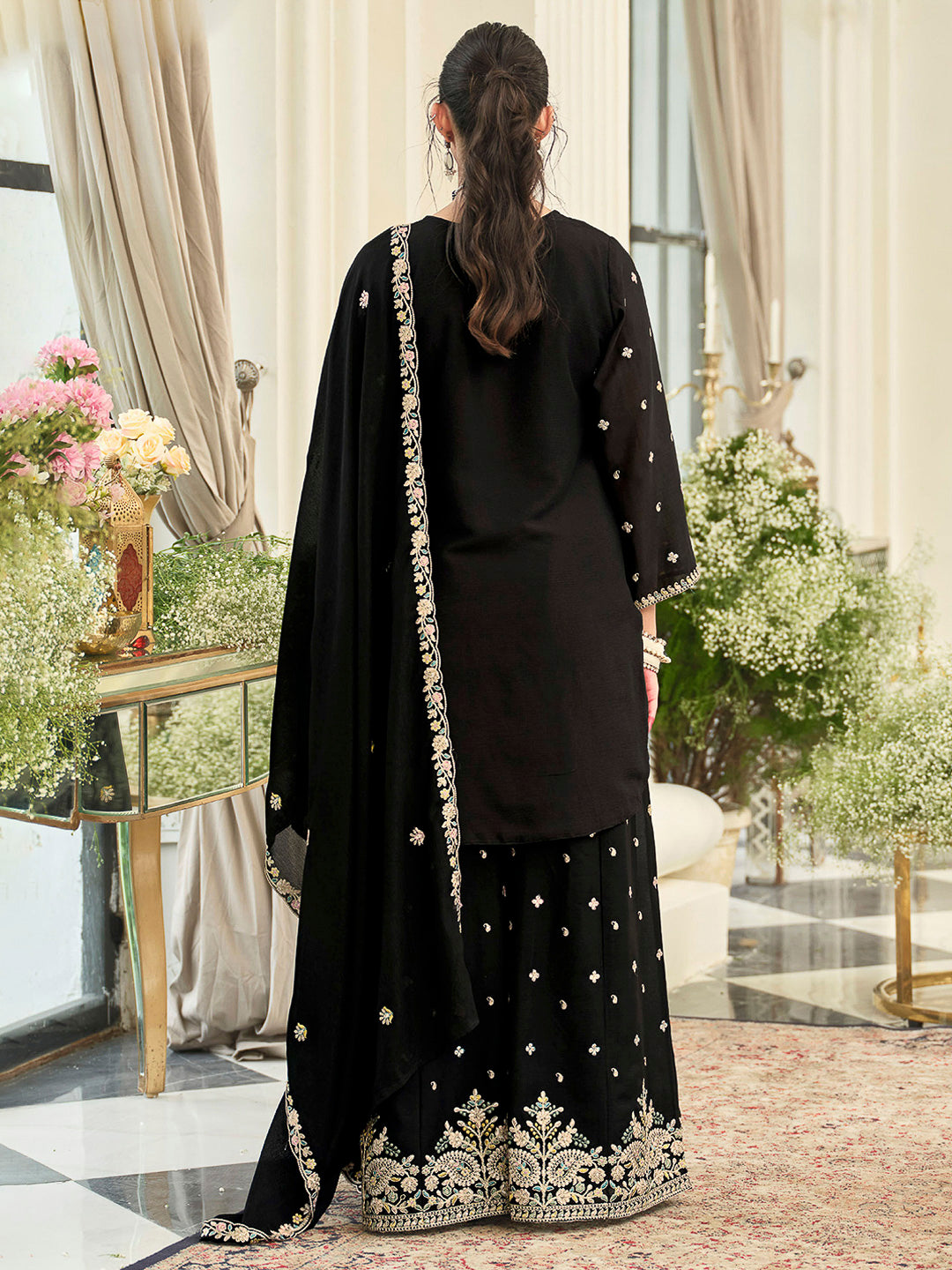 Black Chinon Embroidered Kurti With Palazzo &amp; Dupatta