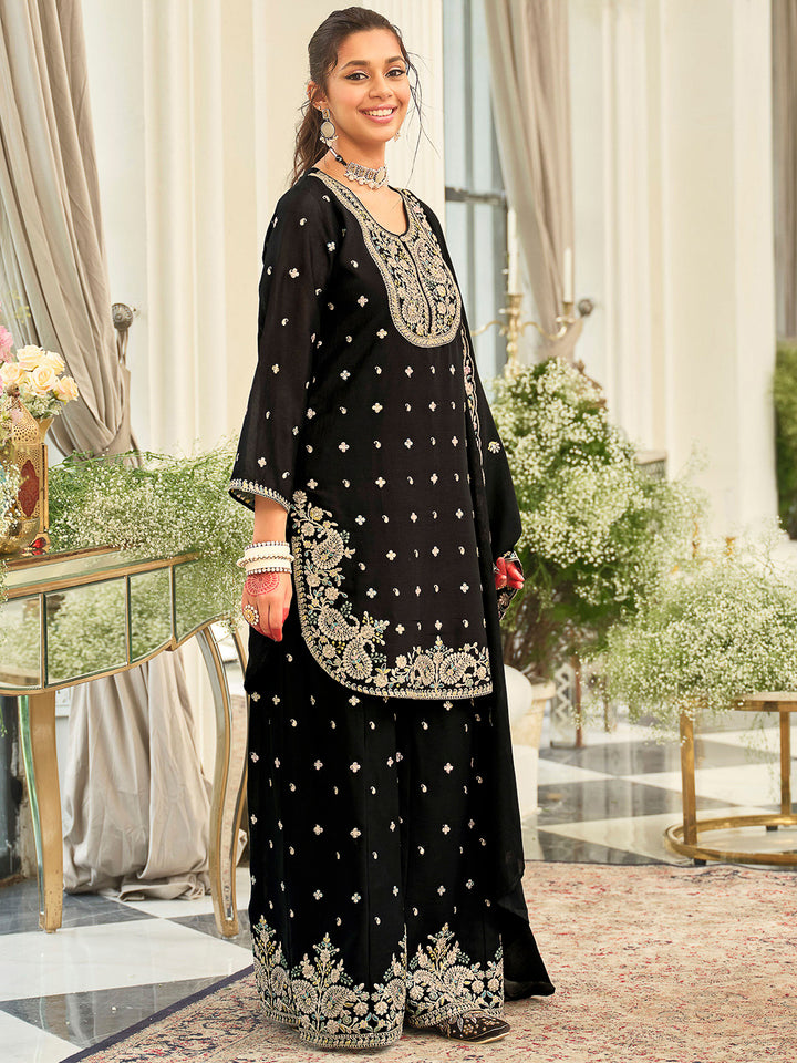 Black Chinon Embroidered Kurti With Palazzo &amp; Dupatta