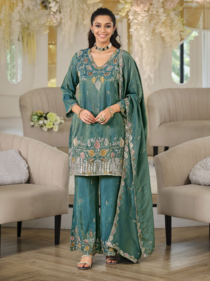 Teal Green Art Silk Embroidered Stitched Kurti With Palazzo &amp; Dupatta