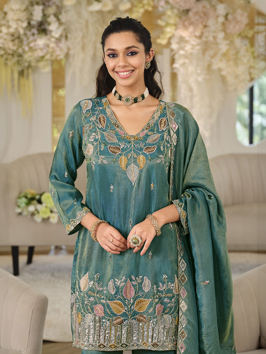 Teal Green Art Silk Embroidered Stitched Kurti With Palazzo &amp; Dupatta