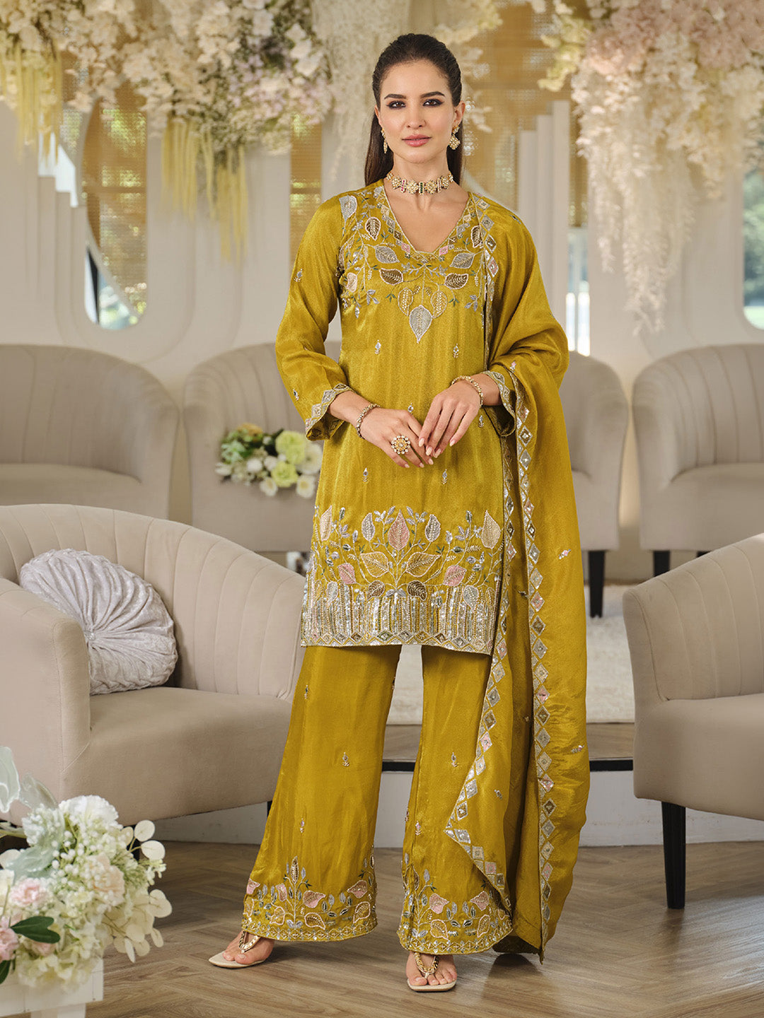Olive Green Art Silk Embroidered Stitched Kurti With Palazzo &amp; Dupatta