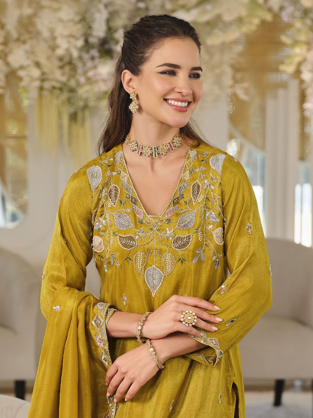 Olive Green Art Silk Embroidered Stitched Kurti With Palazzo &amp; Dupatta