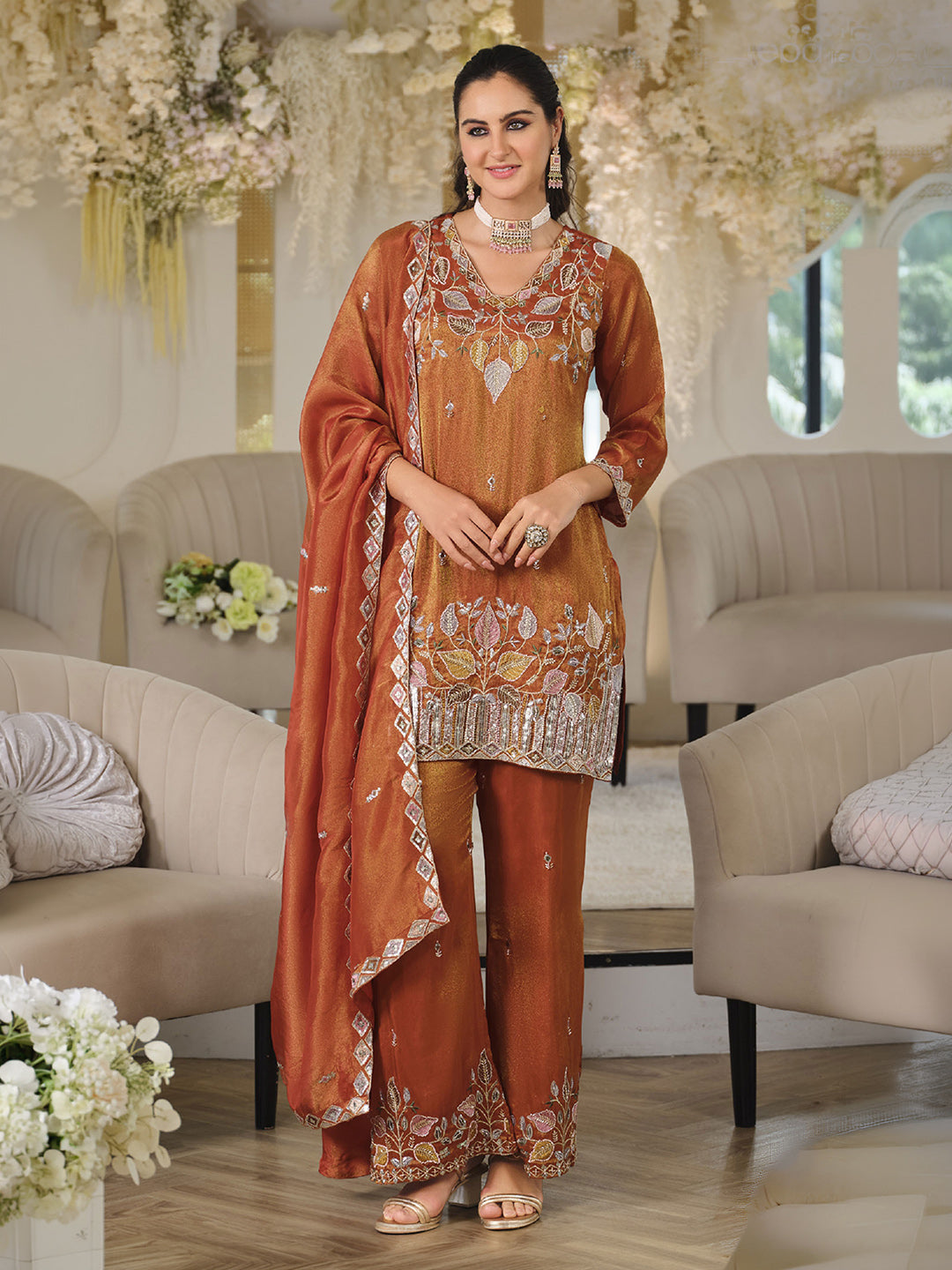 Rust Art Silk Embroidered Stitched Kurti With Palazzo &amp; Dupatta