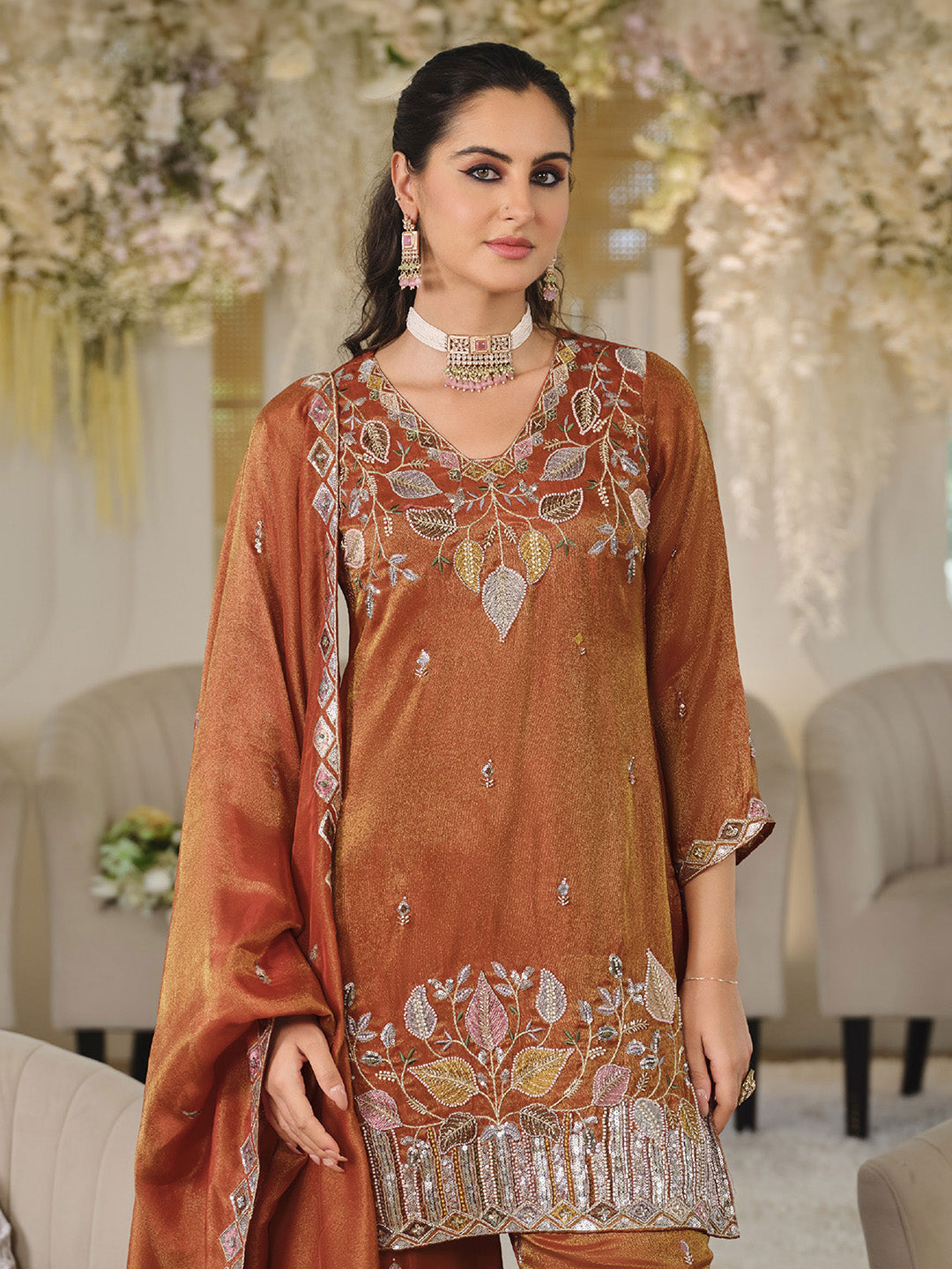 Rust Art Silk Embroidered Stitched Kurti With Palazzo &amp; Dupatta