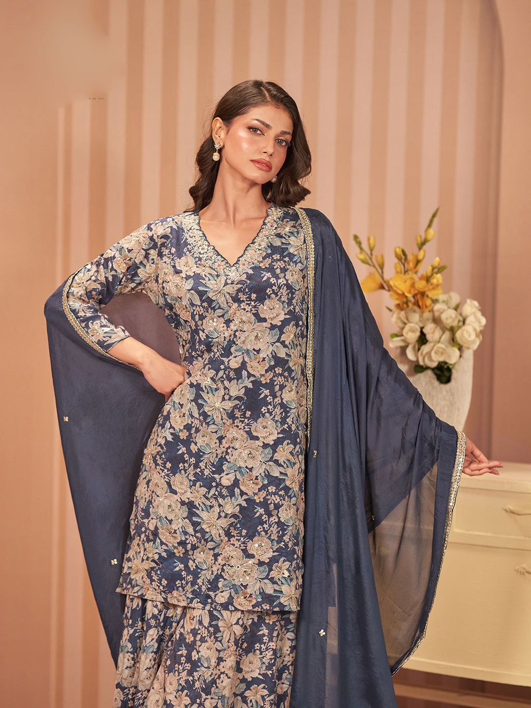 Navy Blue Chinon Printed Straight Short Kurti With Sharara &amp; Dupatta