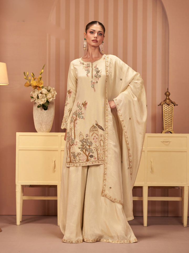 Cream Tissue Embroidered Straight Short Kurti With Sharara &amp; Dupatta