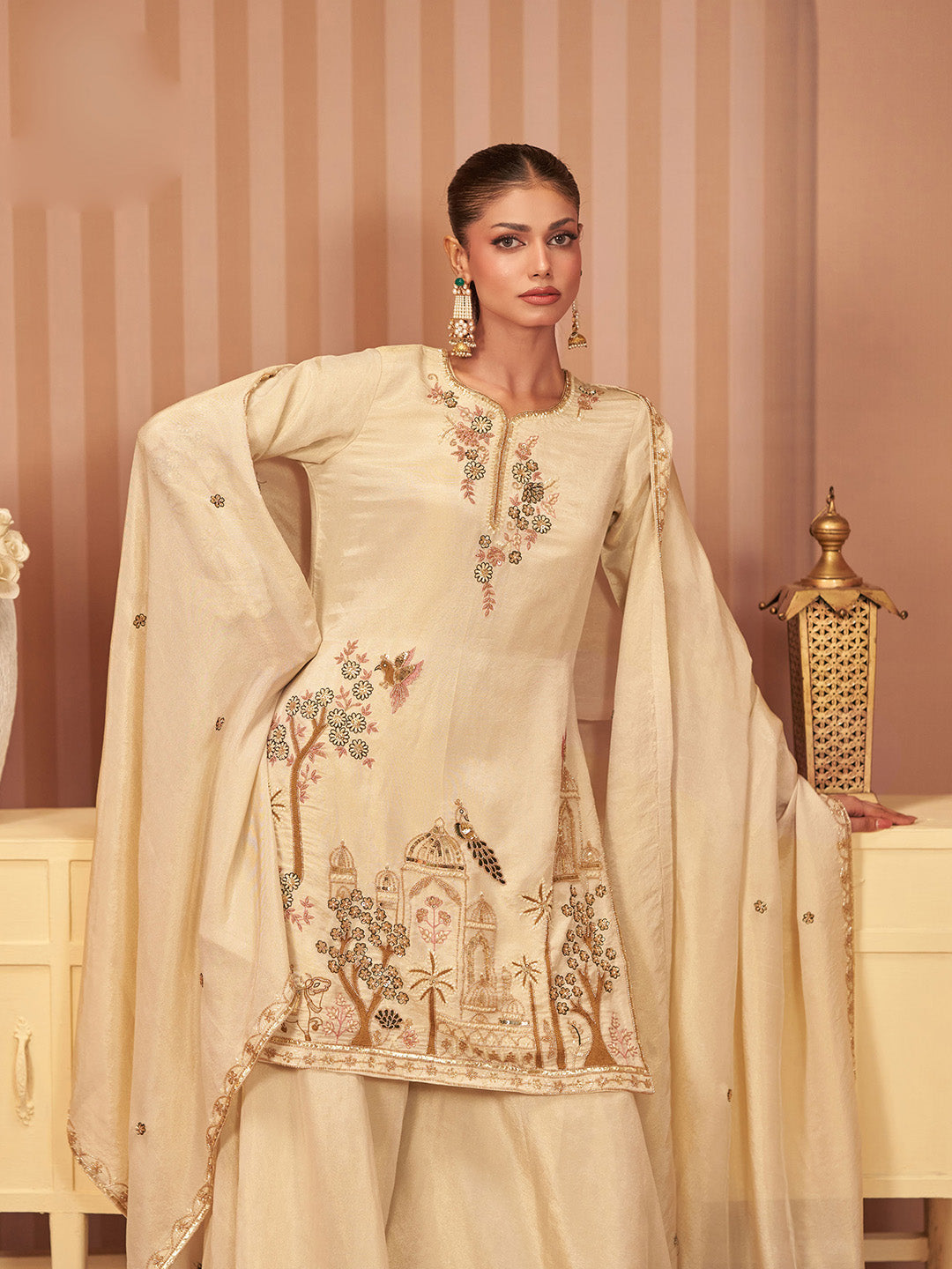 Cream Tissue Embroidered Straight Short Kurti With Sharara &amp; Dupatta