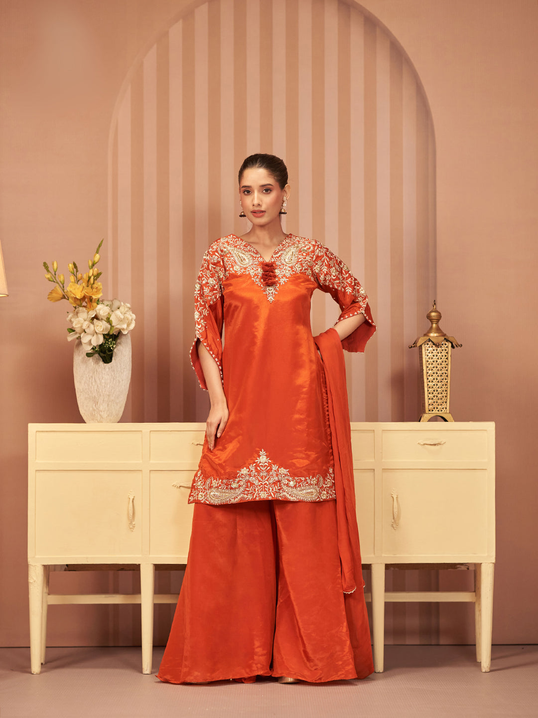 Orange Art Silk Embroidered Straight Short Kurti With Sharara &amp; Dupatta