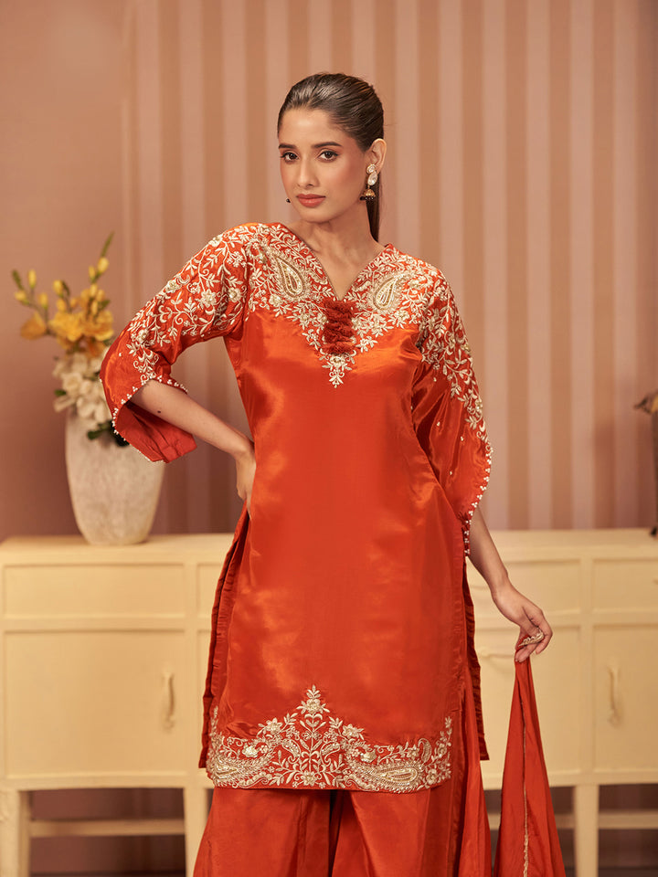 Orange Art Silk Embroidered Straight Short Kurti With Sharara &amp; Dupatta