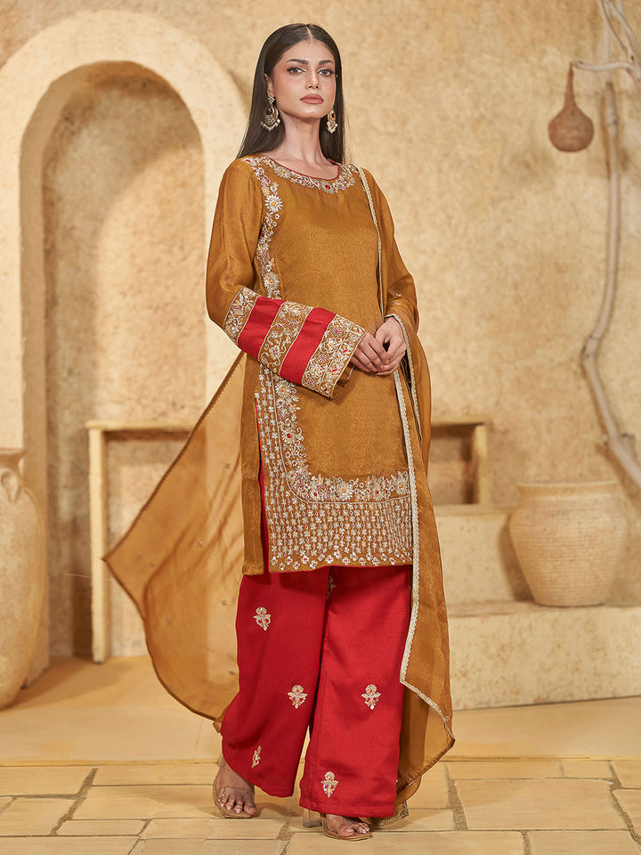 Mustard Chinon Embroidered Kurti With Palazzo &amp; Dupatta