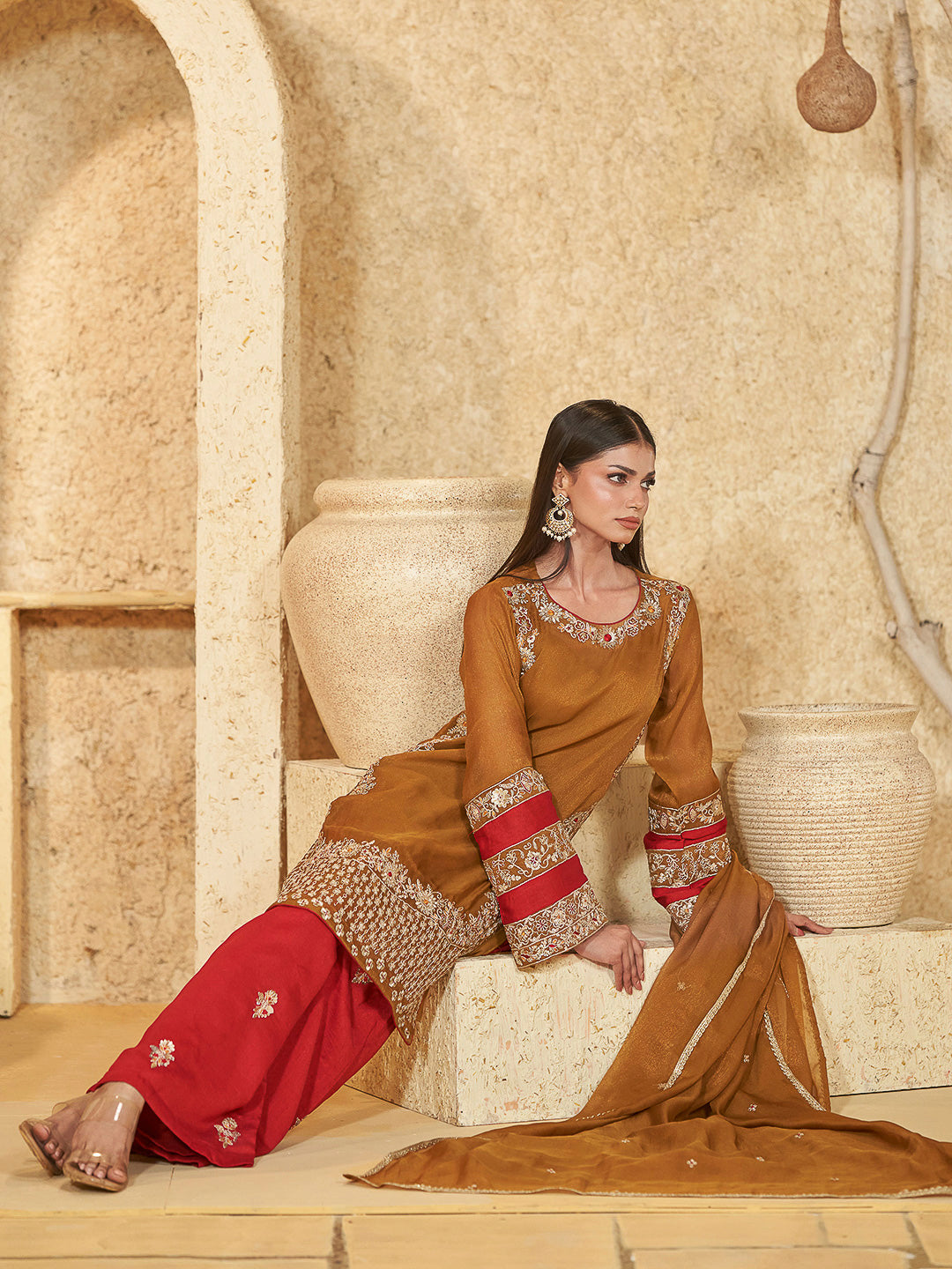 Mustard Chinon Embroidered Kurti With Palazzo &amp; Dupatta