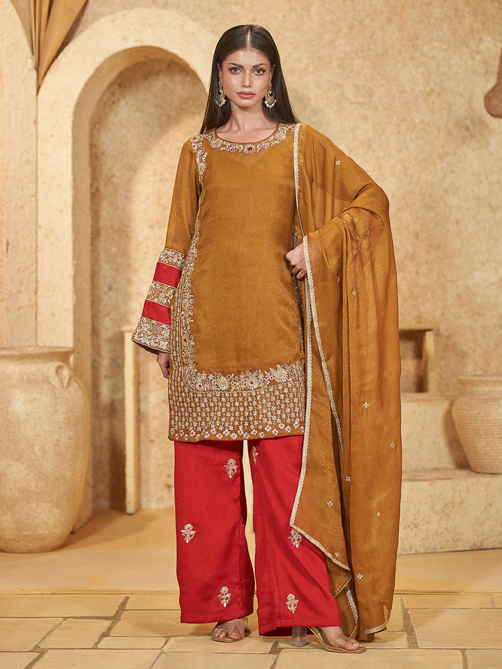Mustard Chinon Embroidered Kurti With Palazzo &amp; Dupatta