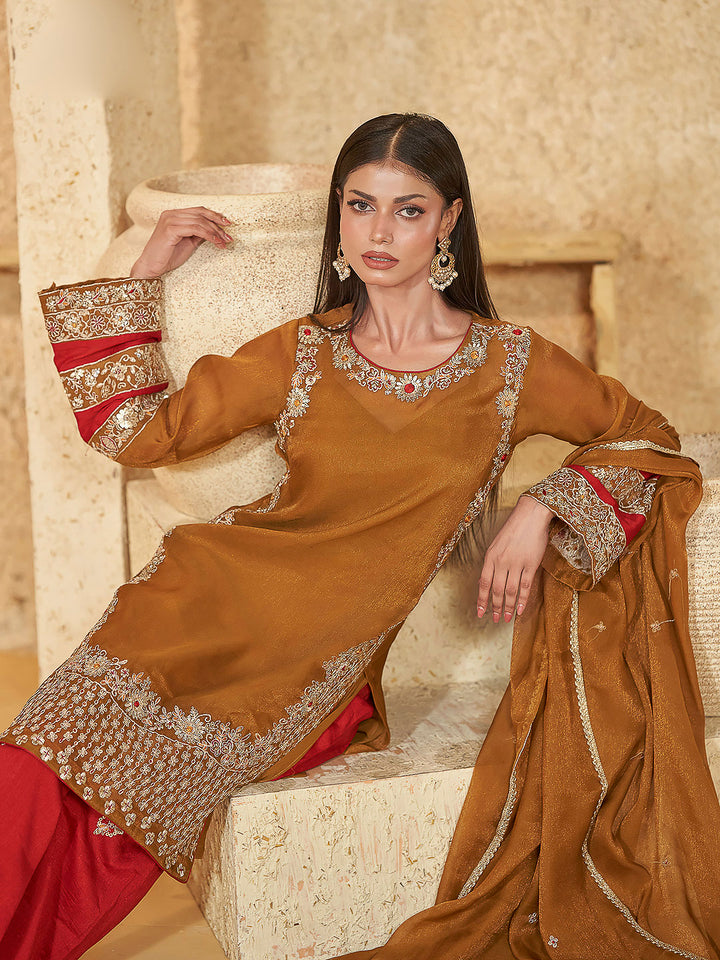 Mustard Chinon Embroidered Kurti With Palazzo &amp; Dupatta