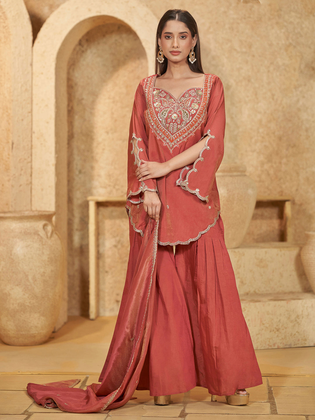 Rust Art Silk Embroidered Straight Short Kurti With Sharara &amp; Dupatta