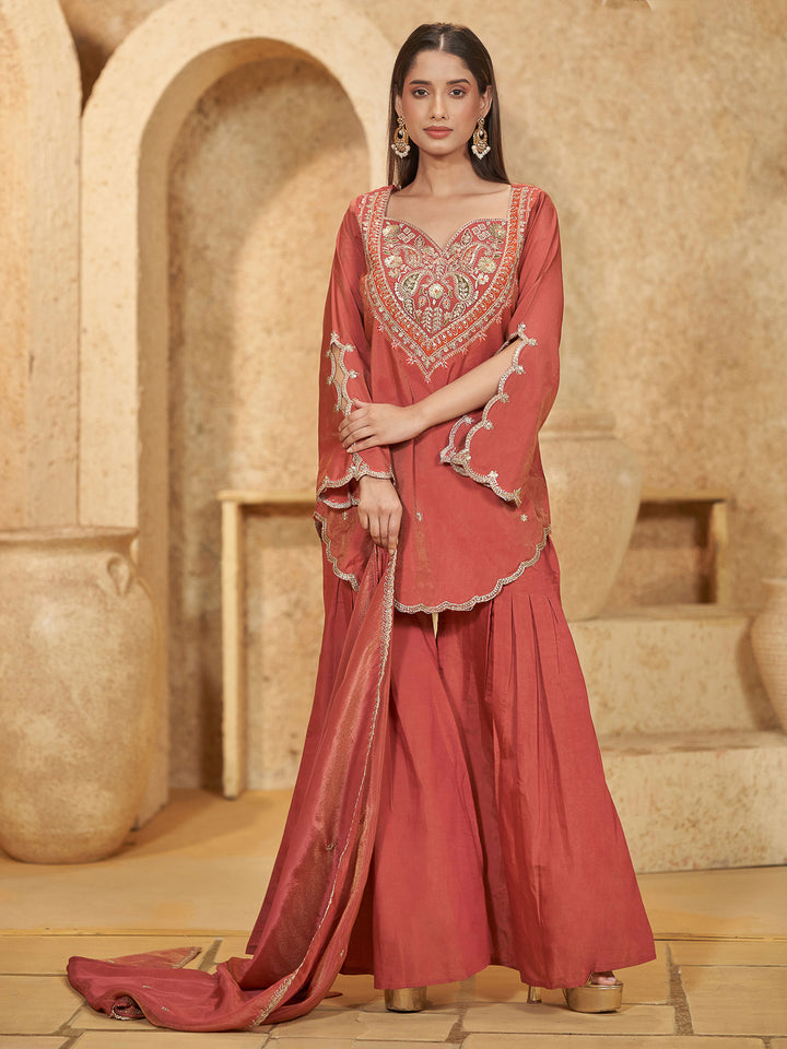 Rust Art Silk Embroidered Straight Short Kurti With Sharara &amp; Dupatta