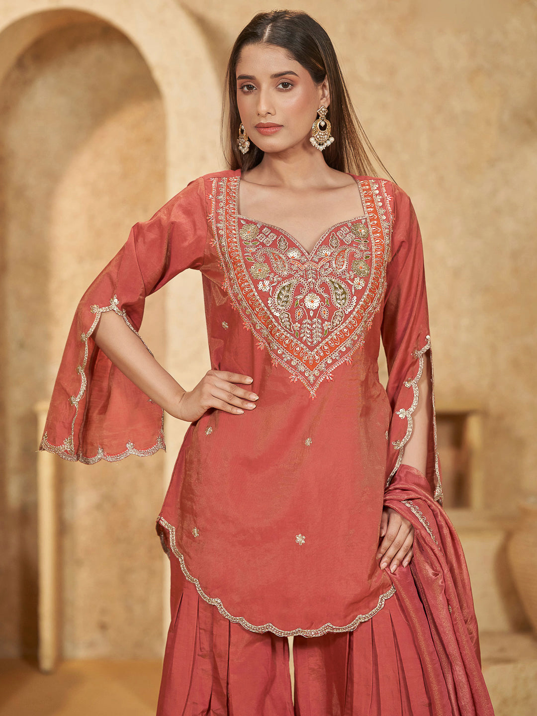 Rust Art Silk Embroidered Straight Short Kurti With Sharara &amp; Dupatta