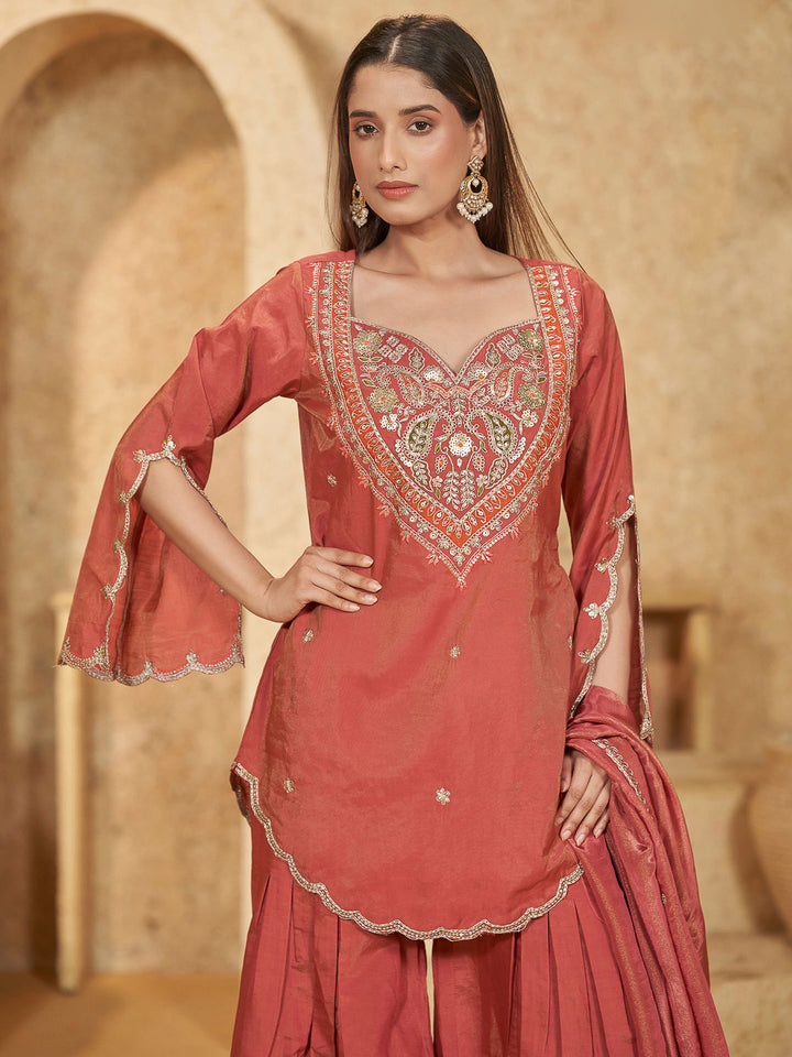 Rust Art Silk Embroidered Straight Short Kurti With Sharara &amp; Dupatta