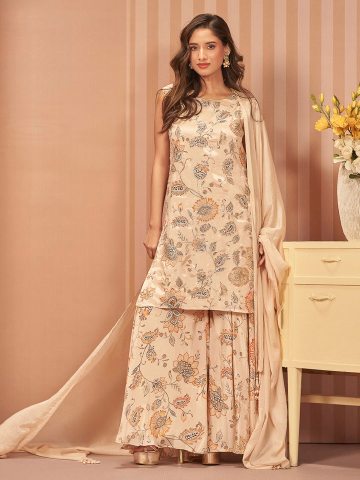 Beige Chinon Printed Short kurti With Sharara Pant &amp; Dupatta