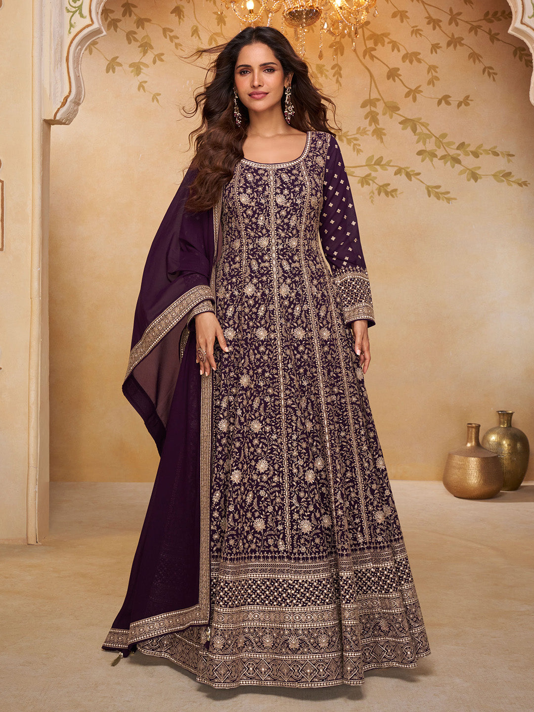 Wine Georgette Embroidered Anarkali &amp; Pant With Dupatta
