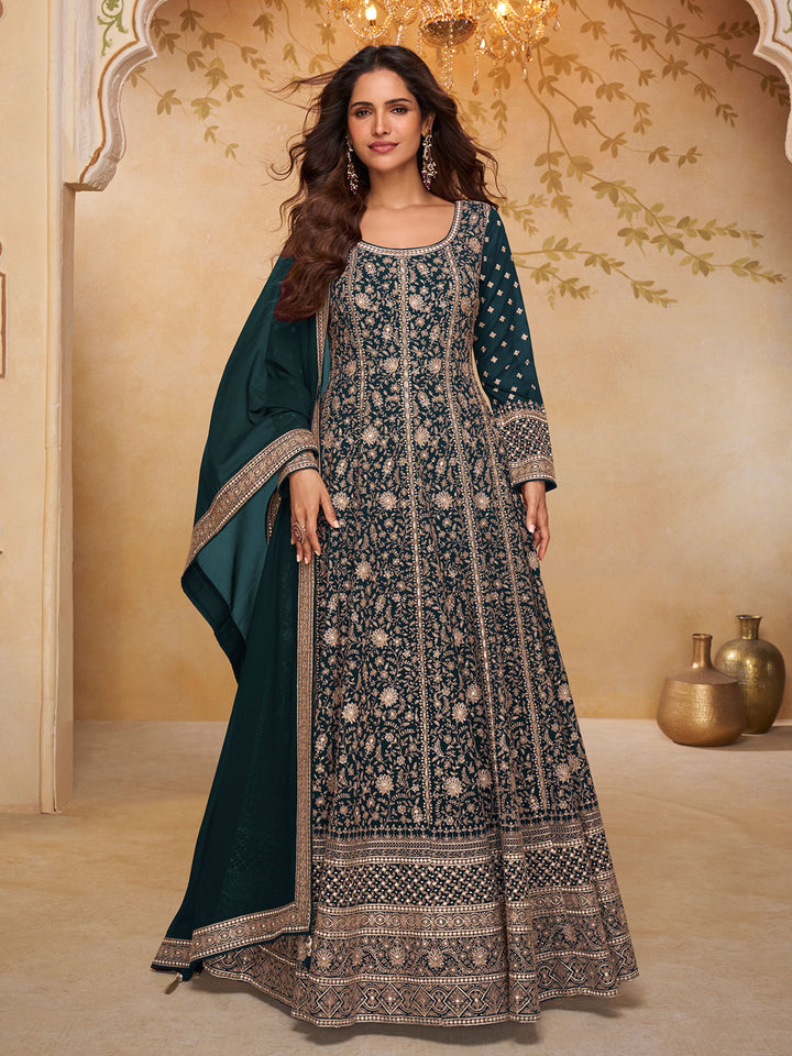 Teal Green Georgette Embroidered Anarkali &amp; Pant With Dupatta