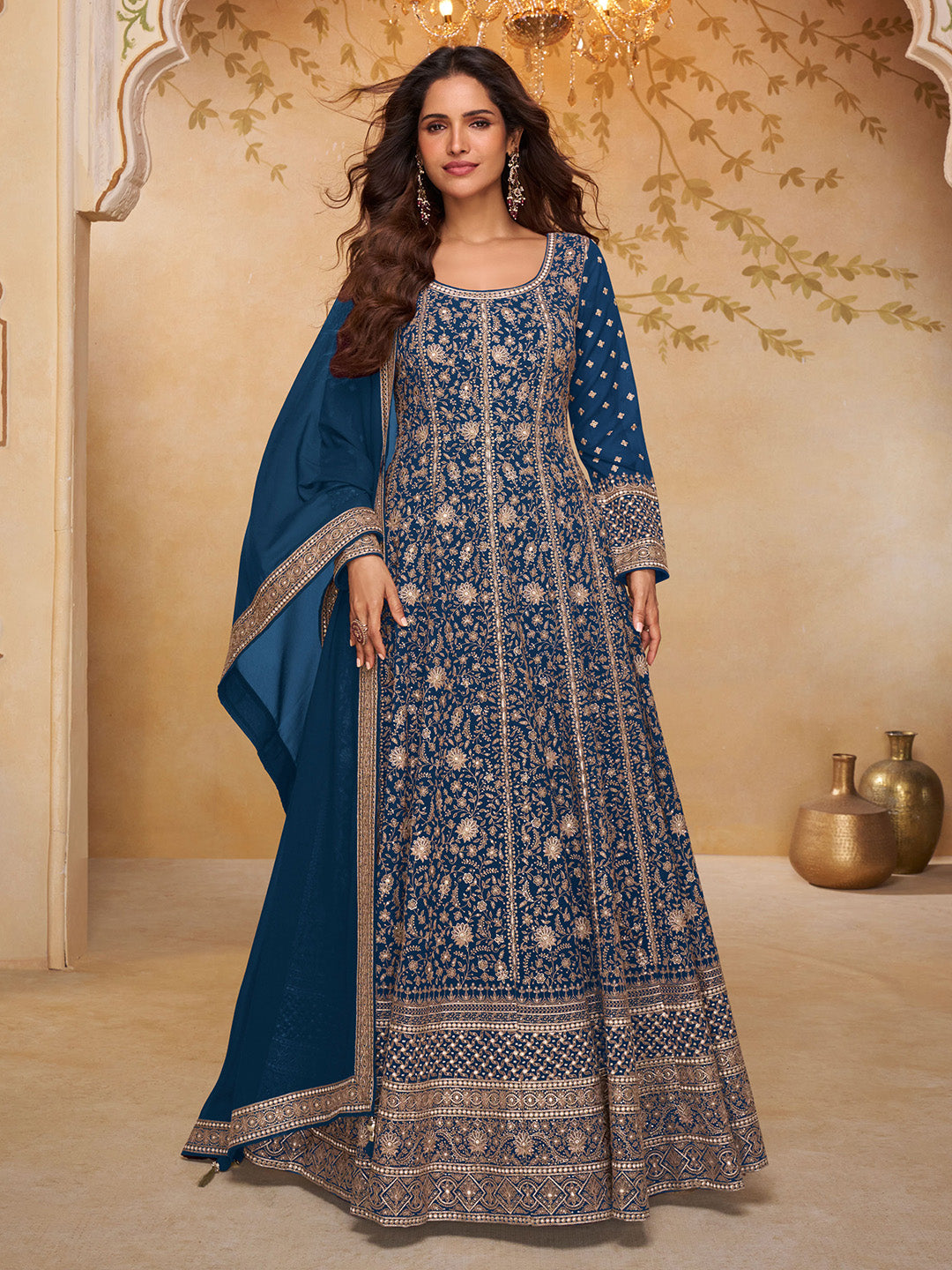 Navy Blue Georgette Embroidered Anarkali &amp; Pant With Dupatta