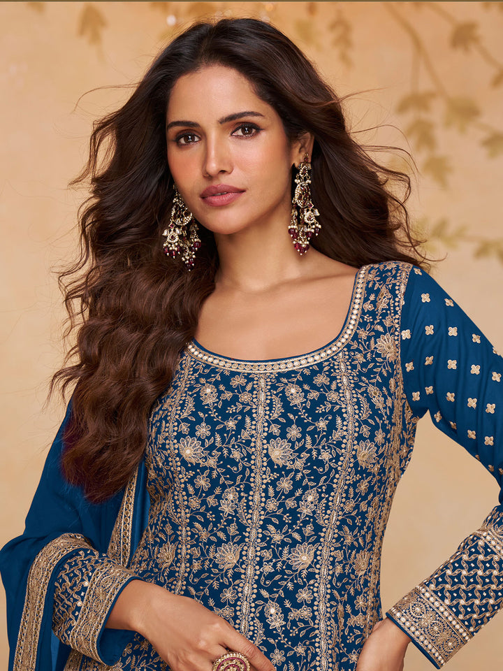 Navy Blue Georgette Embroidered Anarkali &amp; Pant With Dupatta