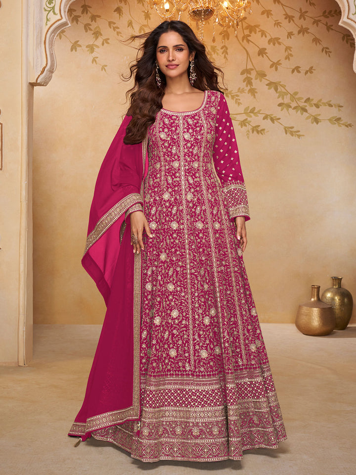 Pink Georgette Embroidered Anarkali &amp; Pant With Dupatta