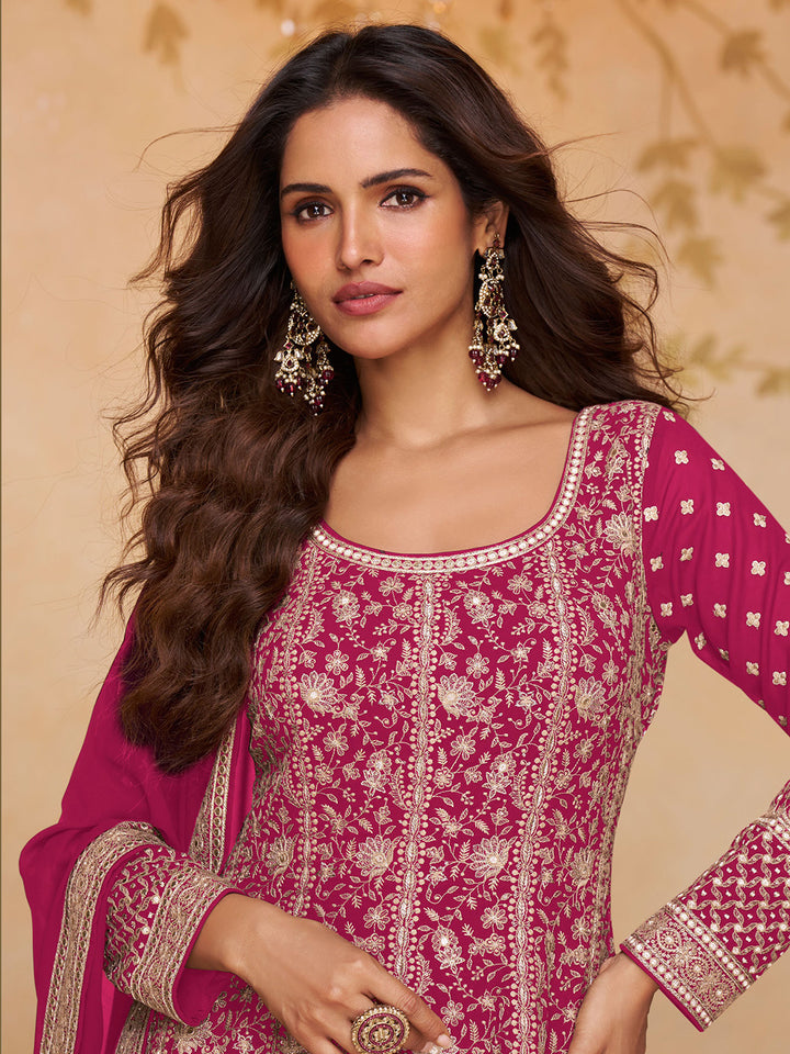 Pink Georgette Embroidered Anarkali &amp; Pant With Dupatta