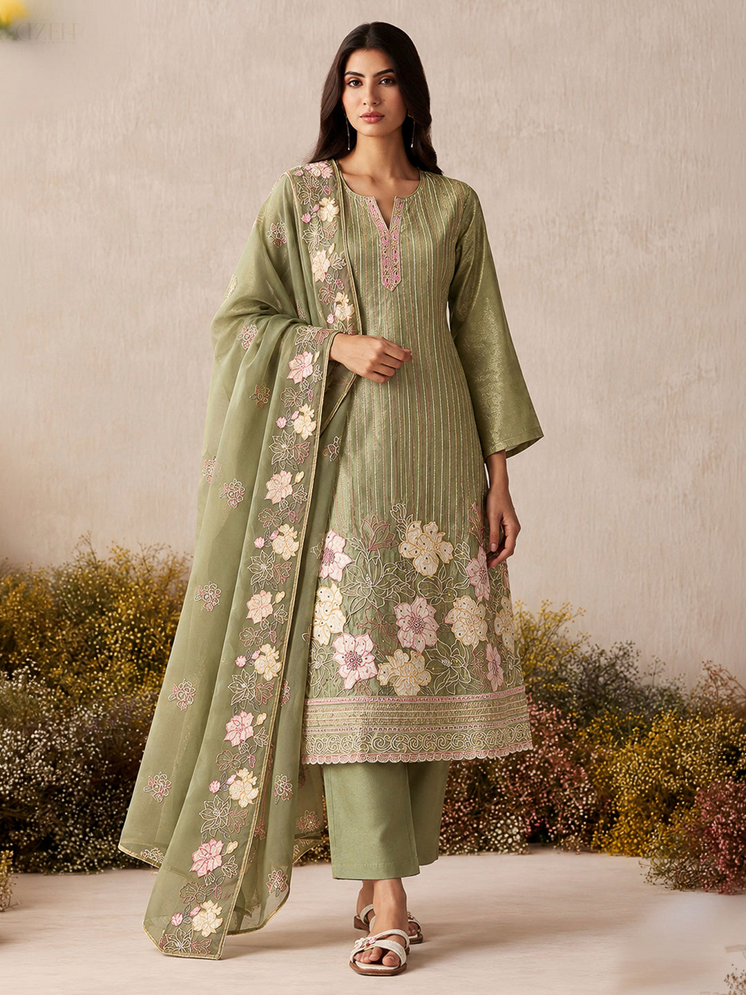 Olive Green Art Silk Embroidered Kurti With Pant &amp; Dupatta