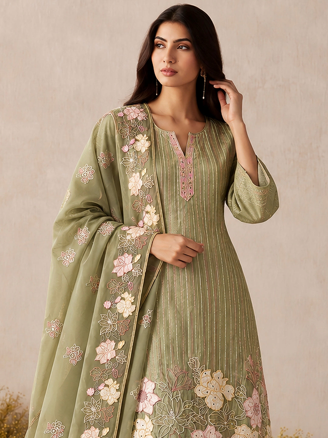 Olive Green Art Silk Embroidered Kurti With Pant &amp; Dupatta