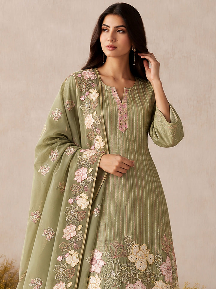 Olive Green Art Silk Embroidered Kurti With Pant &amp; Dupatta