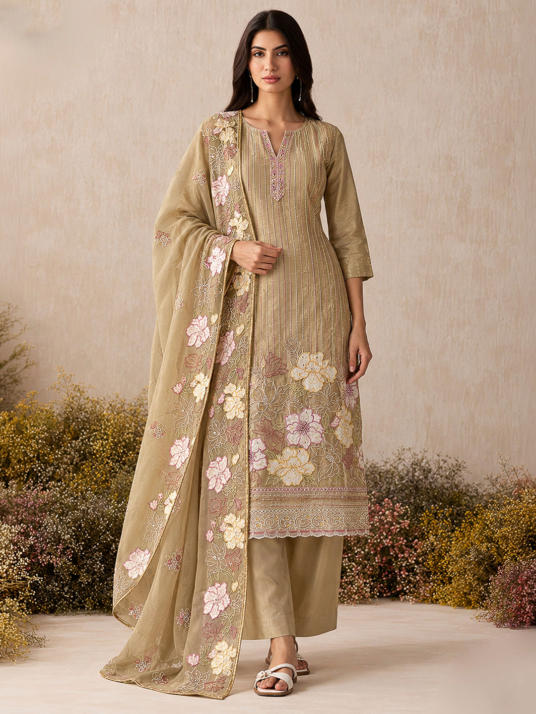 Beige Art Silk Embroidered Kurti With Pant &amp; Dupatta