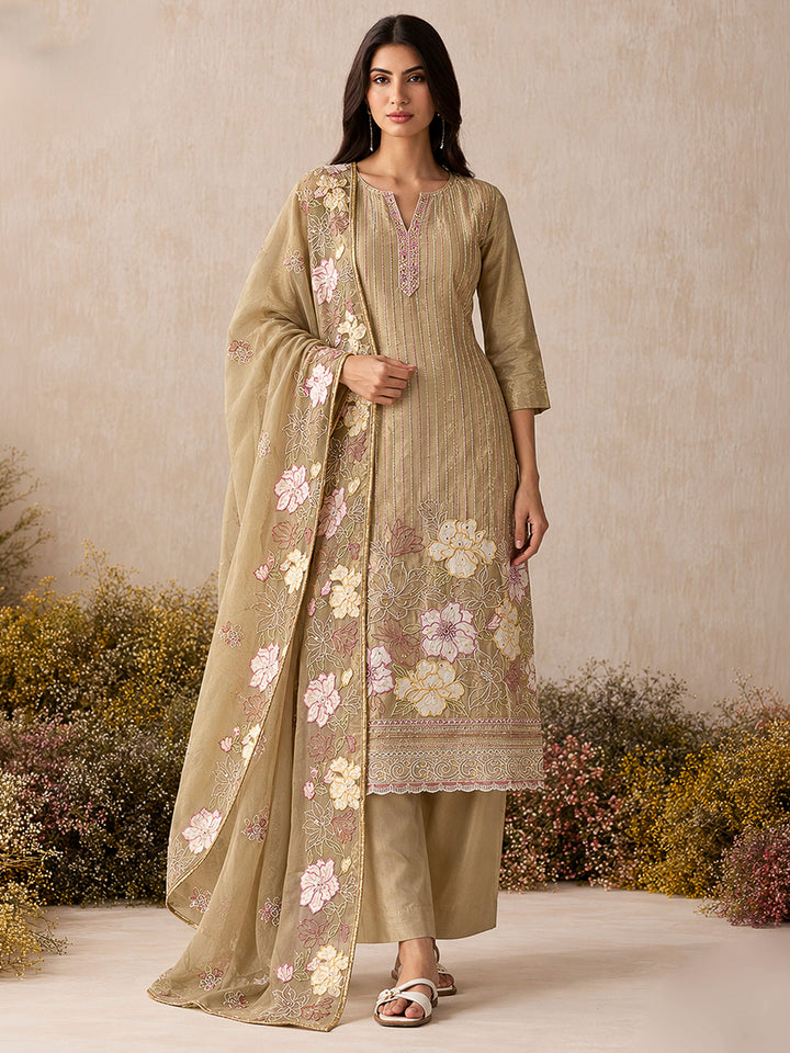 Beige Art Silk Embroidered Kurti With Pant &amp; Dupatta