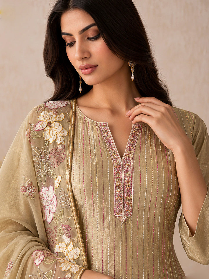 Beige Art Silk Embroidered Kurti With Pant &amp; Dupatta