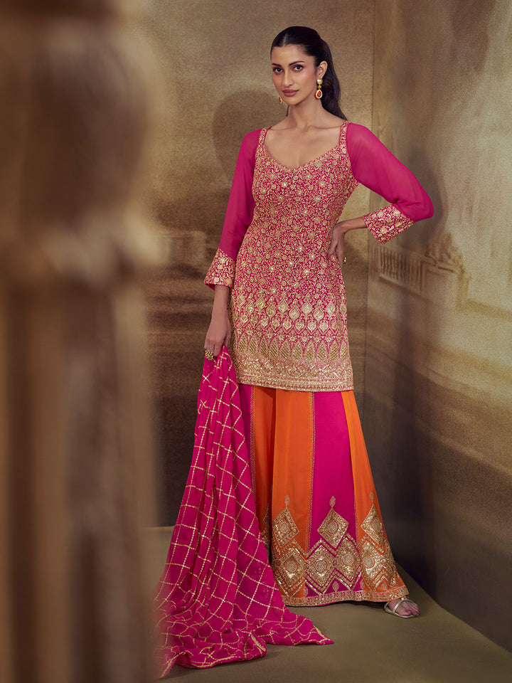 Pink Georgette Embroidered Straight Kurti With Palazzo &amp; Dupatta