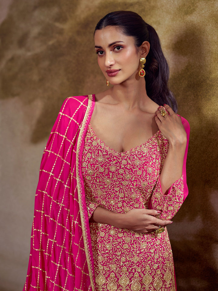 Pink Georgette Embroidered Straight Kurti With Palazzo &amp; Dupatta