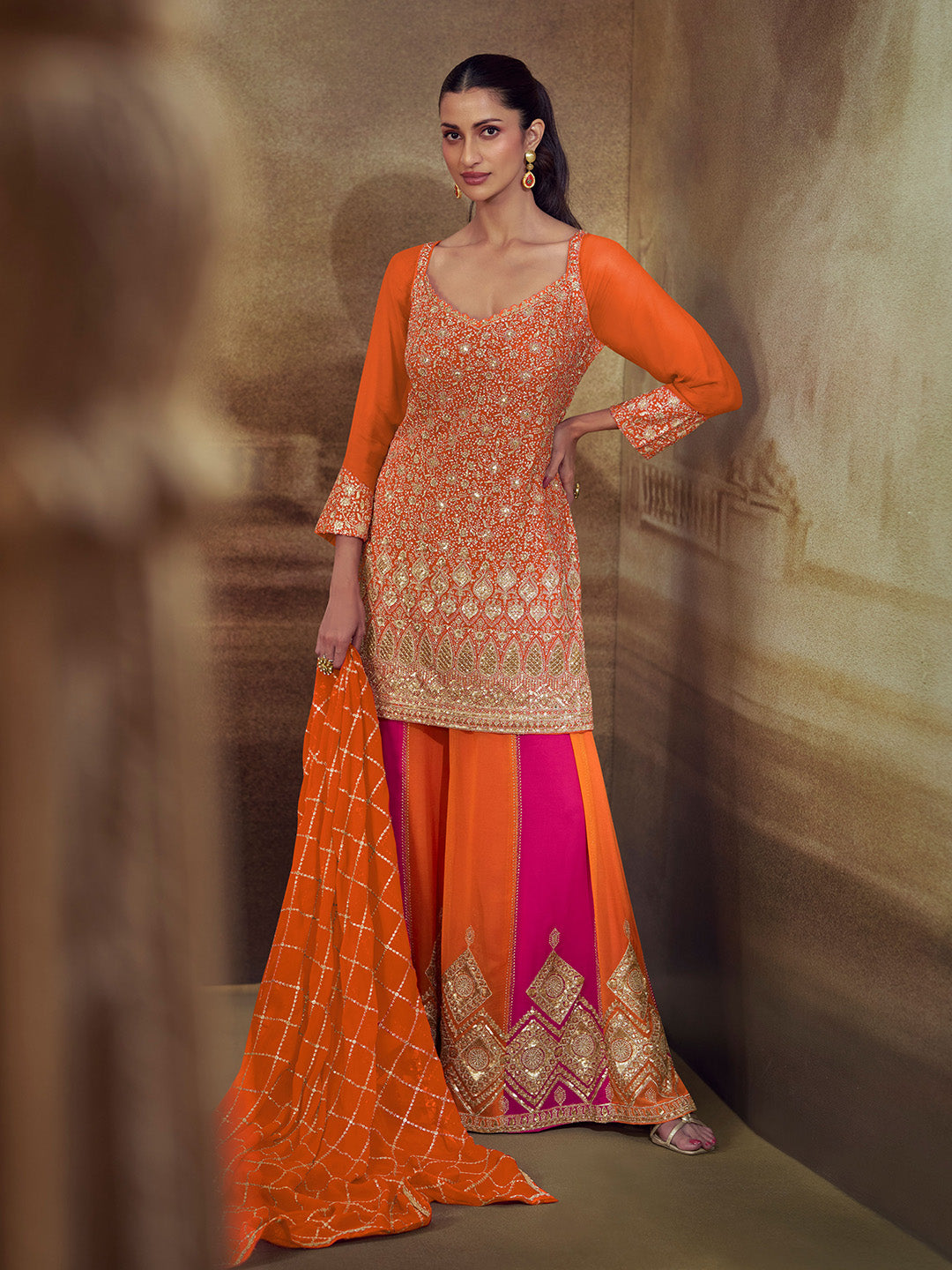Orange Georgette Embroidered Straight Kurti With Palazzo &amp; Dupatta