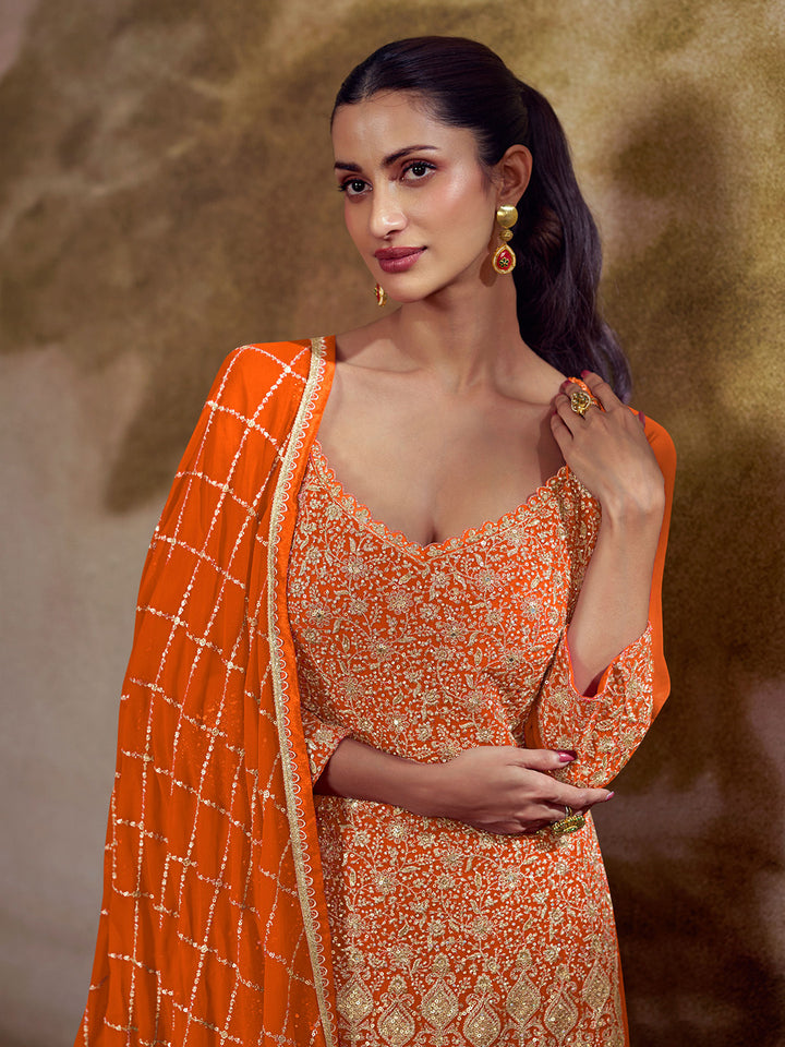 Orange Georgette Embroidered Straight Kurti With Palazzo &amp; Dupatta