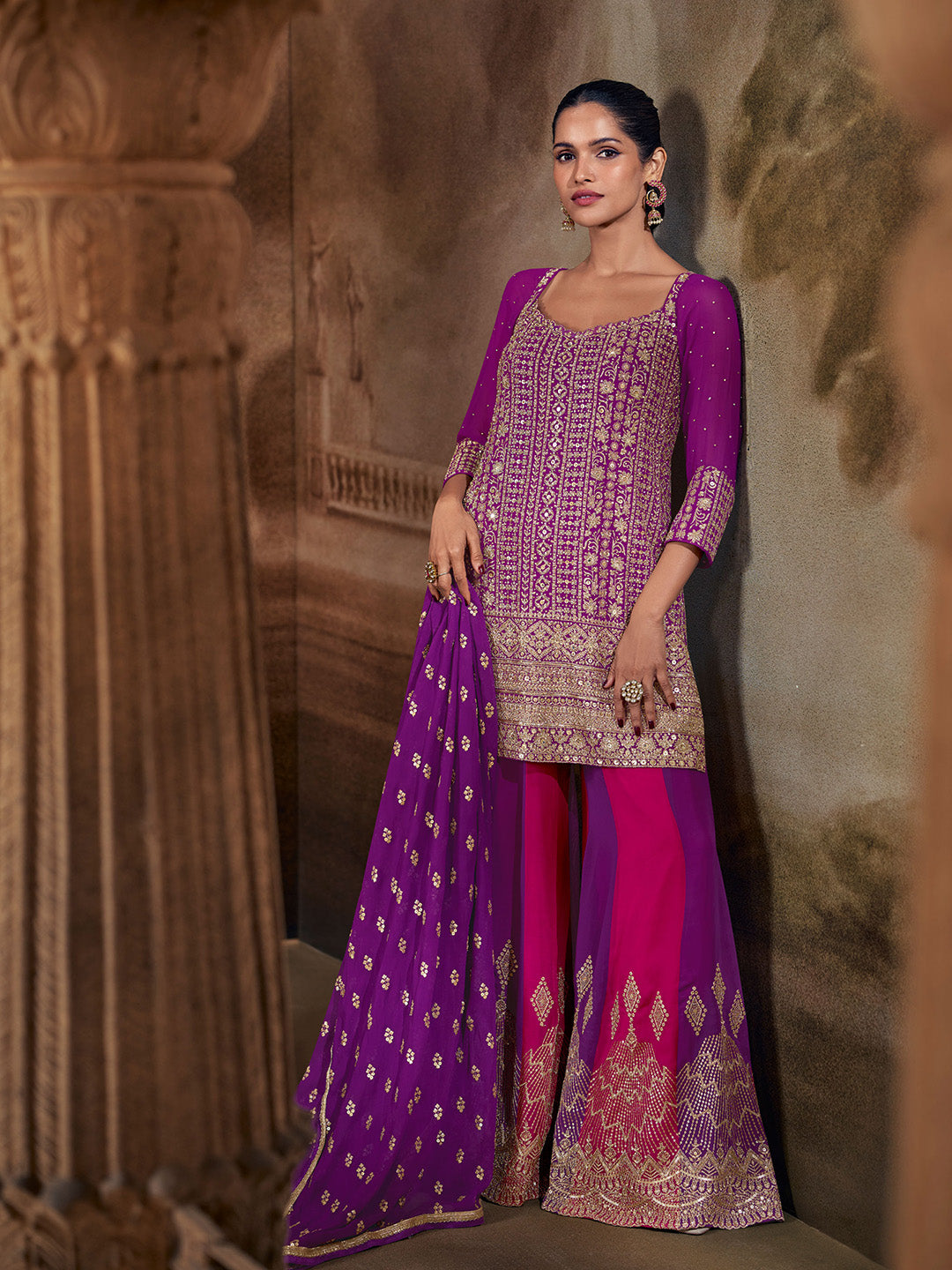 Purple Georgette Embroidered Straight Kurti With Palazzo &amp; Dupatta