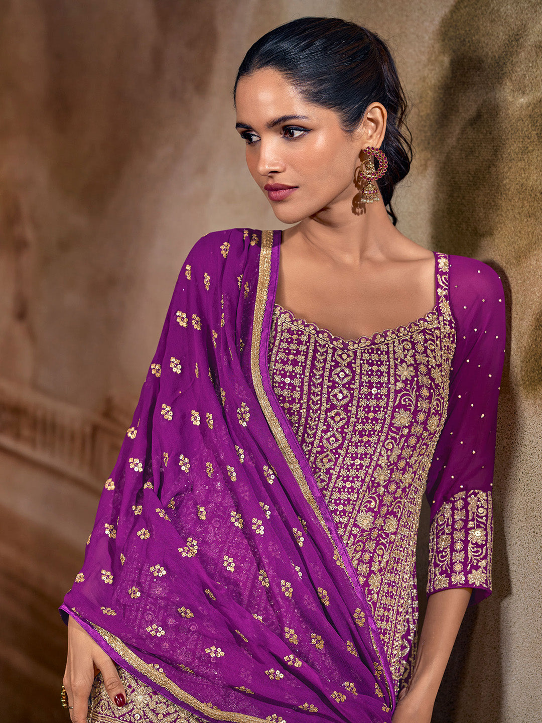Purple Georgette Embroidered Straight Kurti With Palazzo &amp; Dupatta