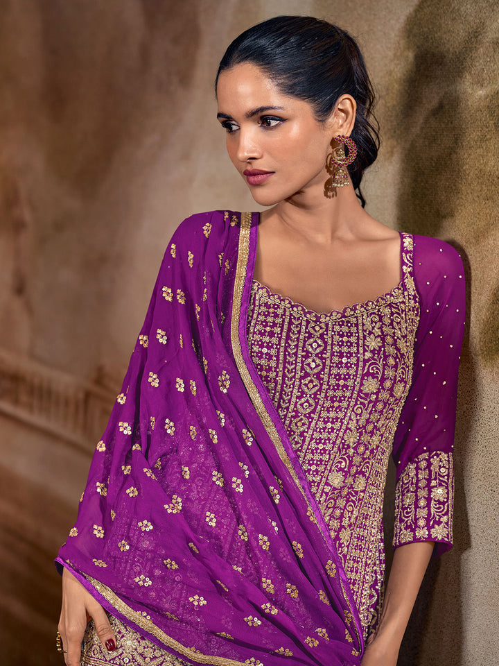 Purple Georgette Embroidered Straight Kurti With Palazzo &amp; Dupatta
