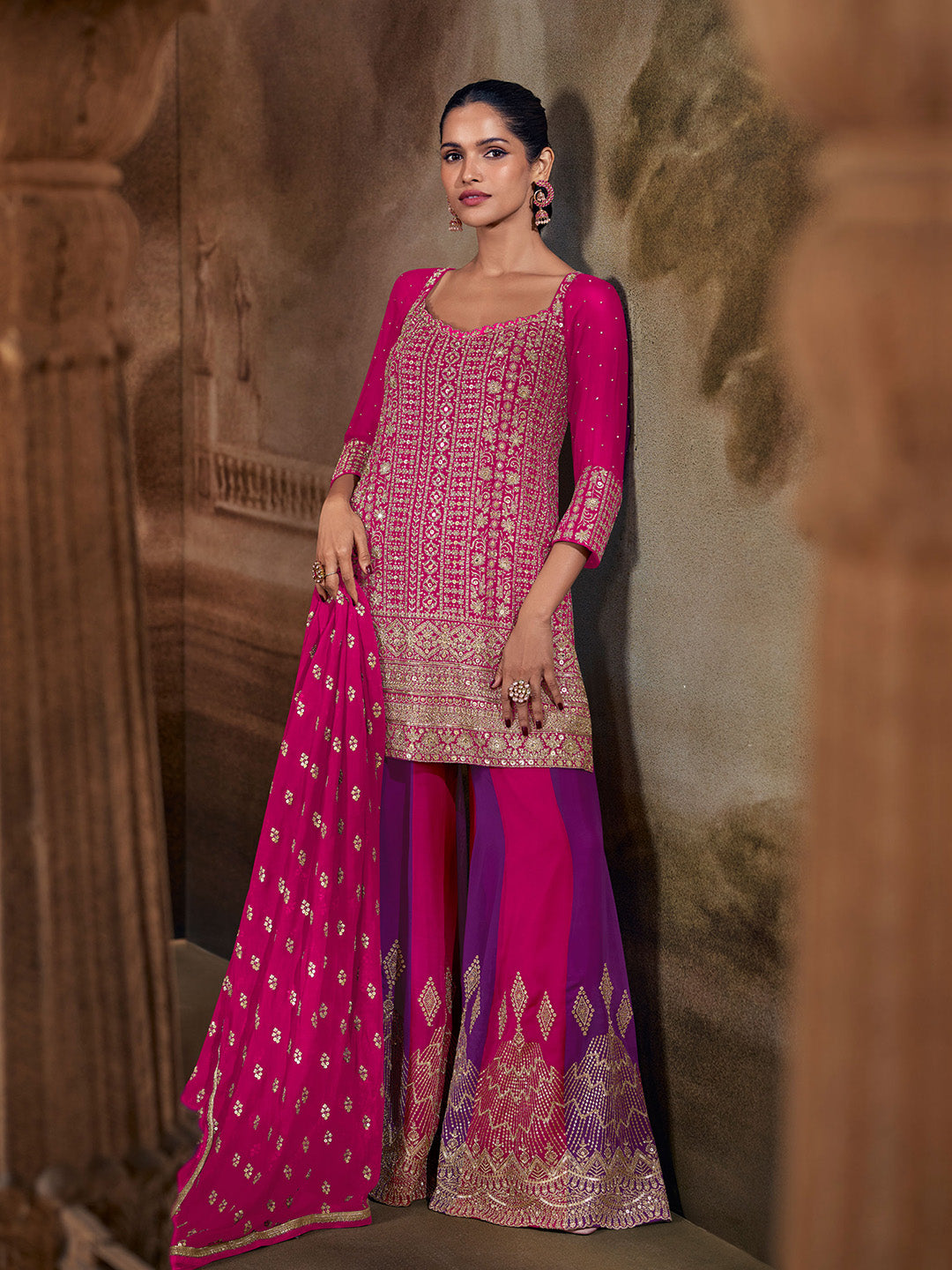 Rani Georgette Embroidered Straight Kurti With Palazzo &amp; Dupatta