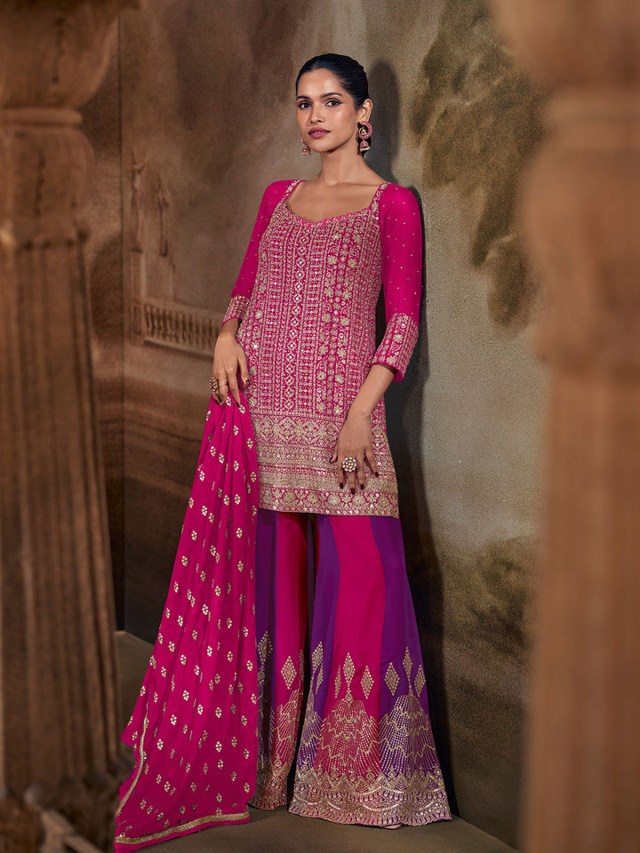 Rani Georgette Embroidered Straight Kurti With Palazzo &amp; Dupatta